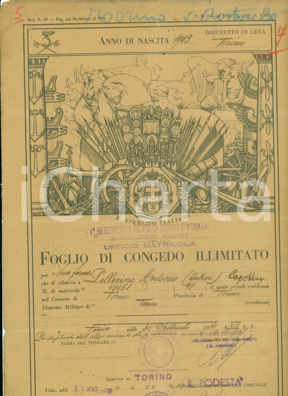 1942 TORINO WW2 Congedo illimitato caporale Antonio PELLERINO per fine ferma