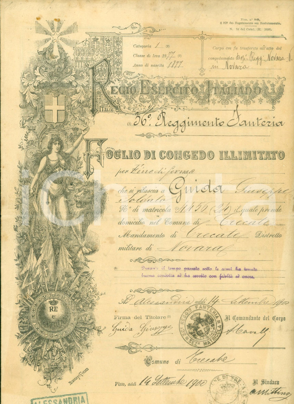 Documento originale, autentico 1900 TRECATE NO Congedo illimitato soldato Giuseppe GUIDA 36Â° Regg. Fanteria 1