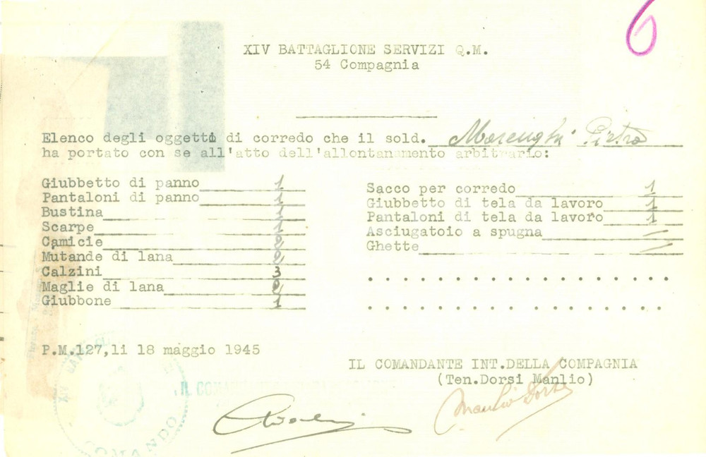 Documento originale, autentico 1945 P.M. 127 XIV Battaglione Servizi Pietro MARENGHI sottrae oggetti dal campo 1
