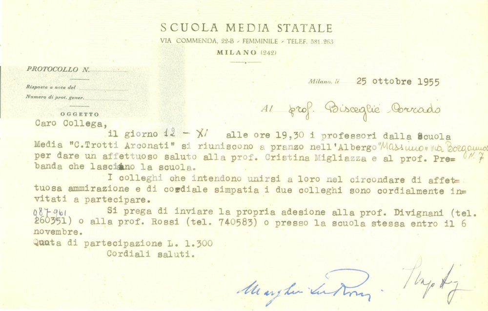 Manoscritto, lettera originale 1955 MILANO Pranzo della Scuola Media ARCONATI per salutare Cristina MIGLIAZZA 1