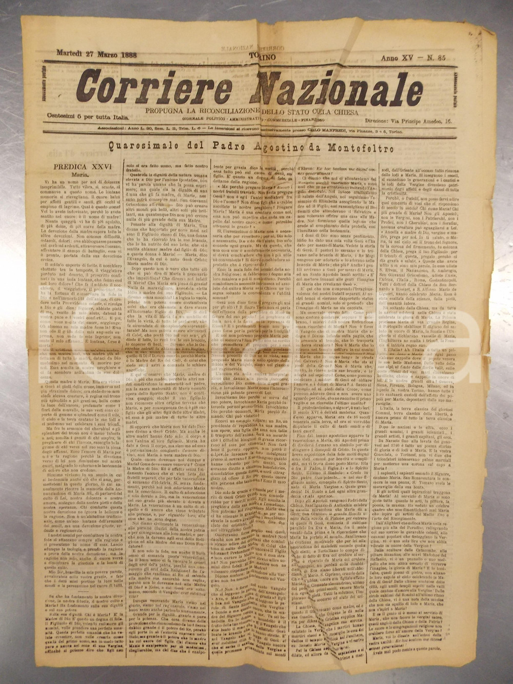 Giornale, rivista storica 1888 CORRIERE NAZIONALE Padre Agostino da MONTEFELTRO predica su Maria Giornale 1