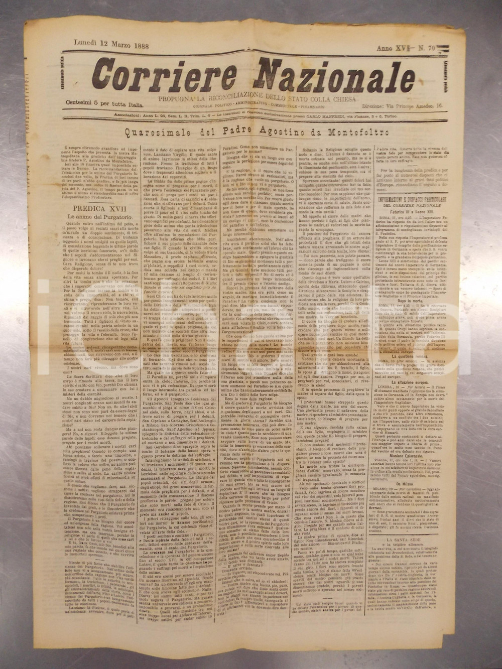 Giornale, rivista storica 1888 CORRIERE NAZIONALE Padre Agostino da MONTEFELTRO Anime PURGATORIO 1