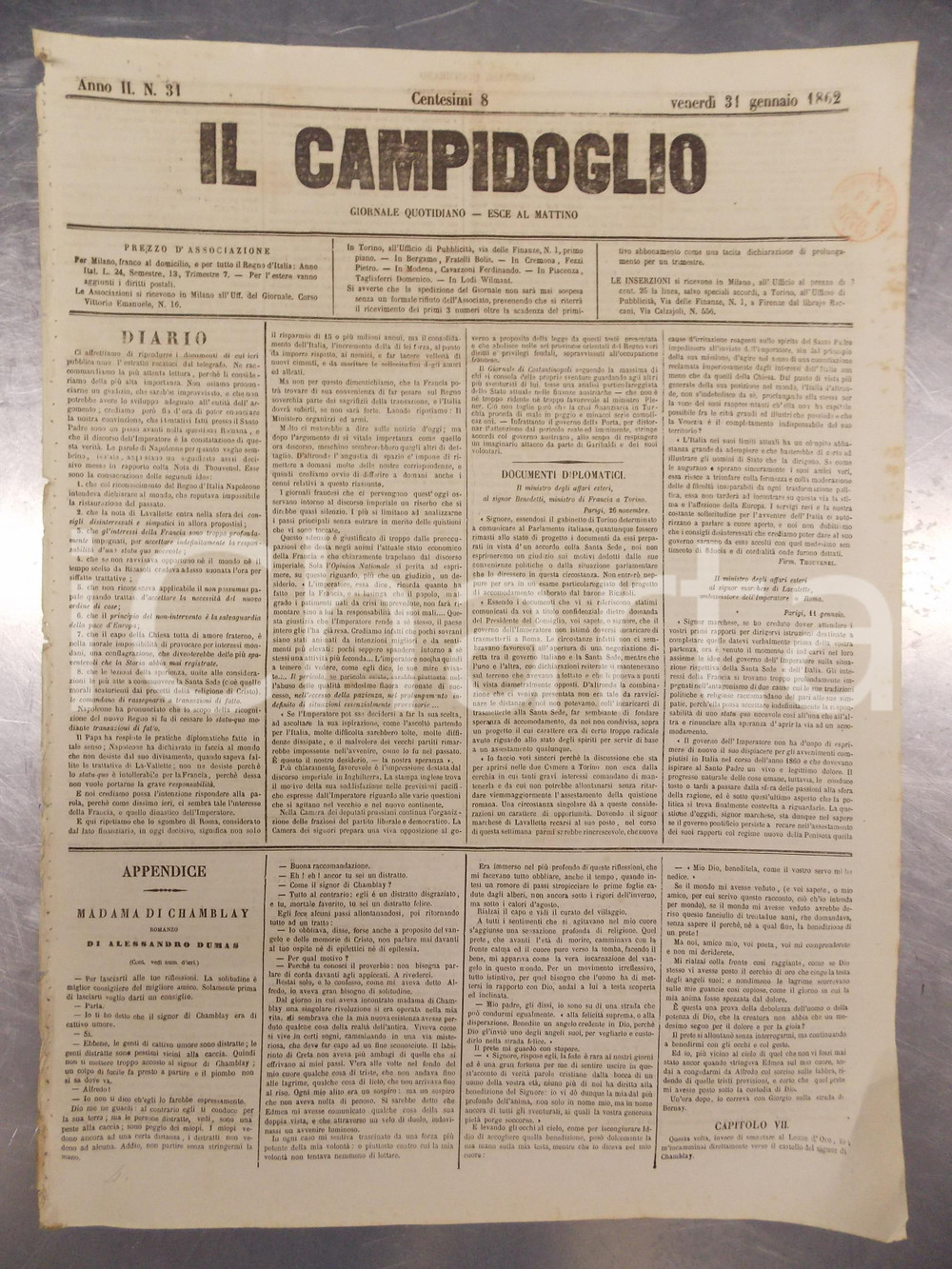 Giornale, rivista storica 1862 IL CAMPIDOGLIO Napoleone reputa impossibile la Restaurazione Giornale 1