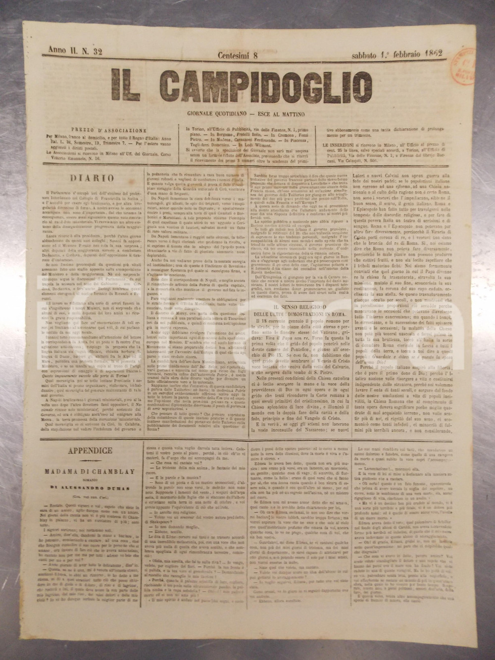 Giornale, rivista storica 1862 IL CAMPIDOGLIO Senso religioso delle manifestazioni a ROMA Giornale 1