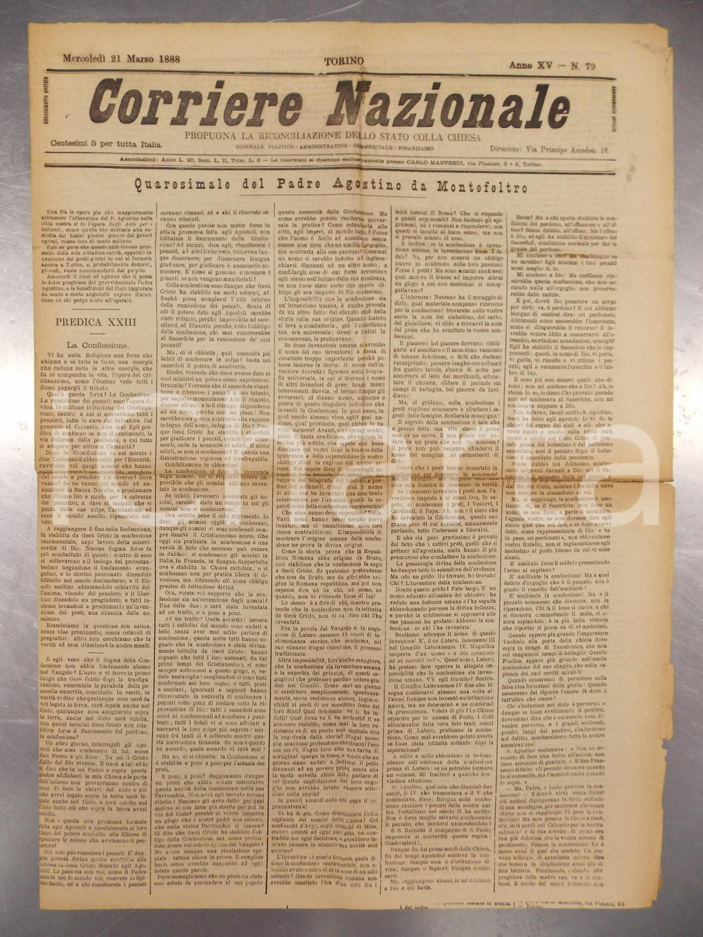Giornale, rivista storica 1888 CORRIERE NAZIONALE Padre Agostino da MONTEFELTRO predica sulla Confessione 1