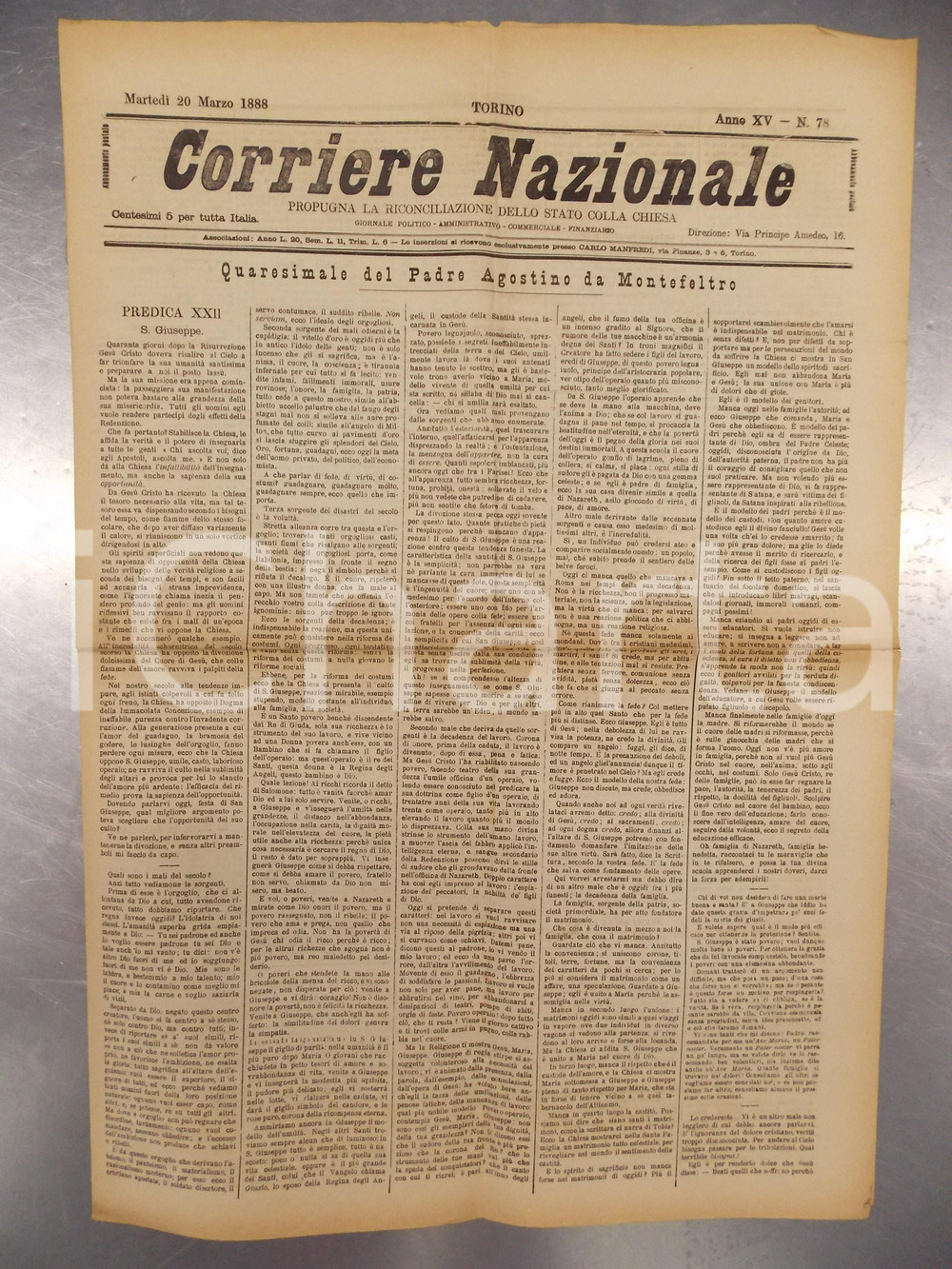 Giornale, rivista storica 1888 CORRIERE NAZIONALE Padre Agostino da MONTEFELTRO predica su SAN GIUSEPPE 1