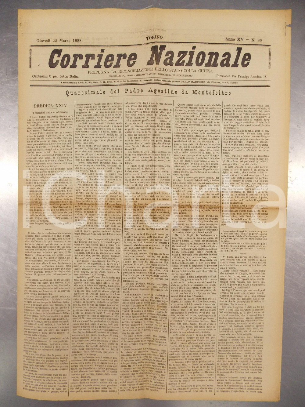 Giornale, rivista storica 1888 CORRIERE NAZIONALE Padre Agostino da MONTEFELTRO su benefici Confessione 1