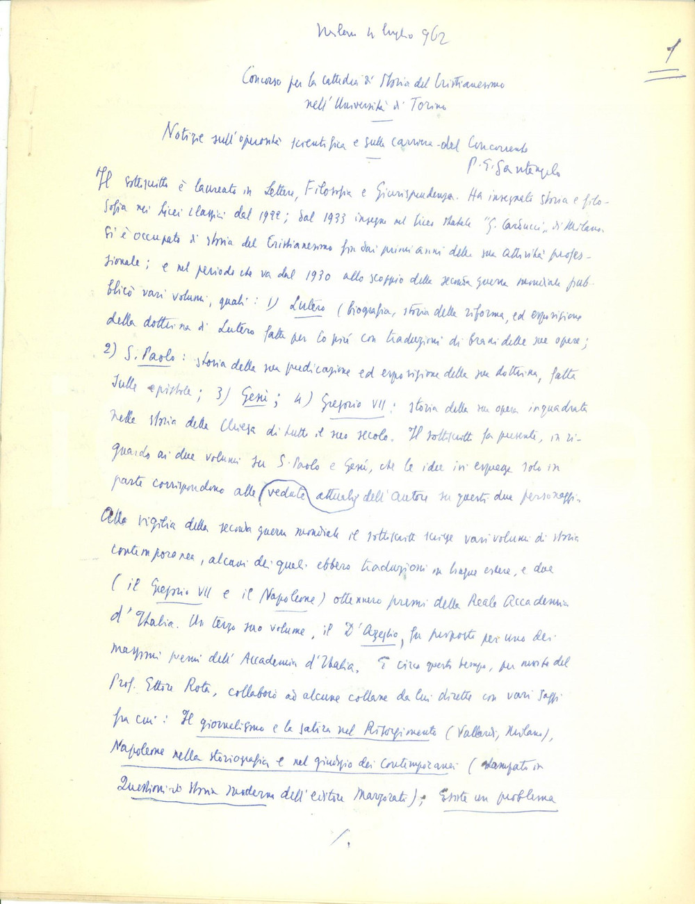 Autografo originale 1962 MILANO Biografia scientifica di Paolo Ettore SANTANGELO AUTOGRAFO 1