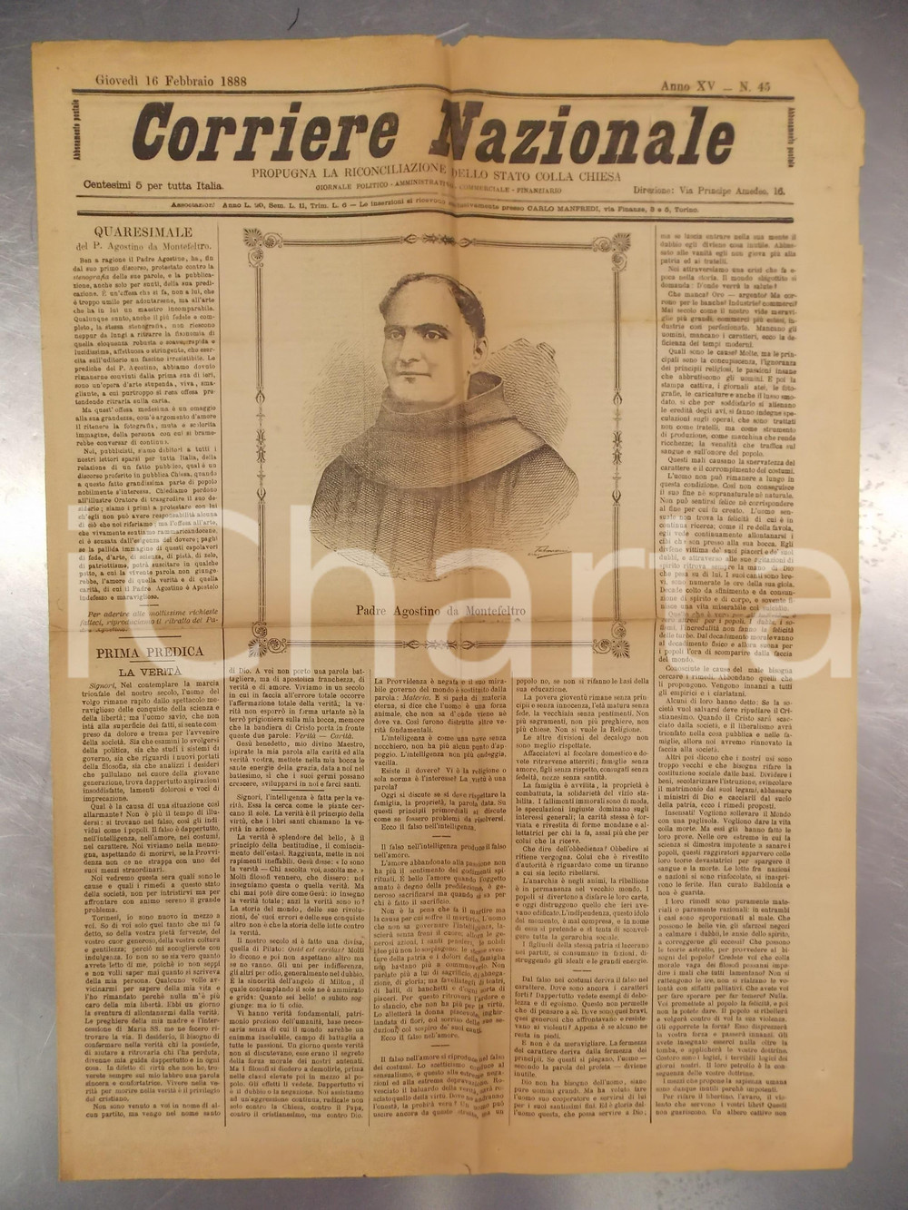 Giornale, rivista storica 1888 CORRIERE NAZIONALE Padre Agostino da MONTEFELTRO predica sulla verità 1