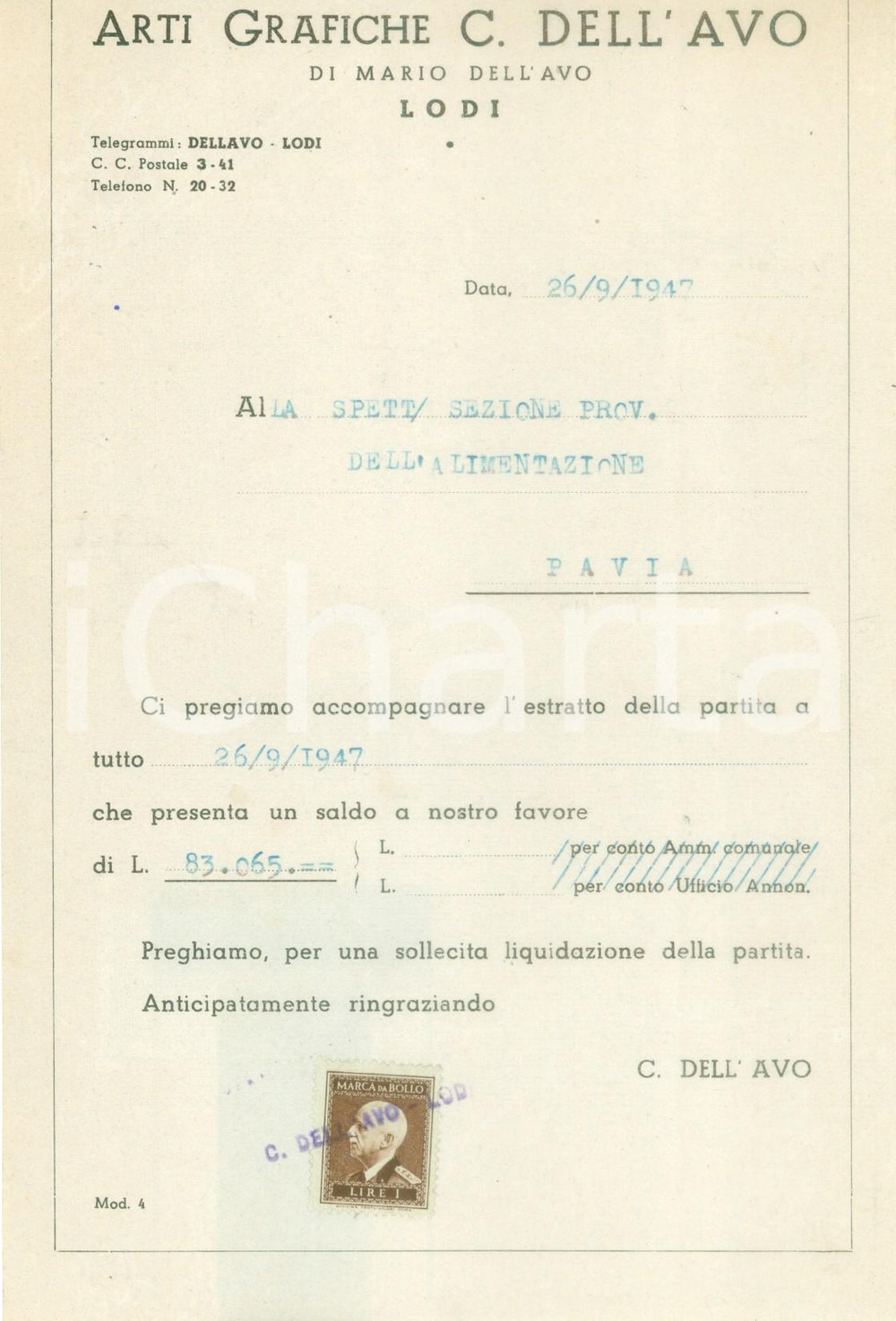 Documento originale, autentico 1947 LODI Arti Grafiche Mario DELL AVO Lettera commerciale su carta intestata 1