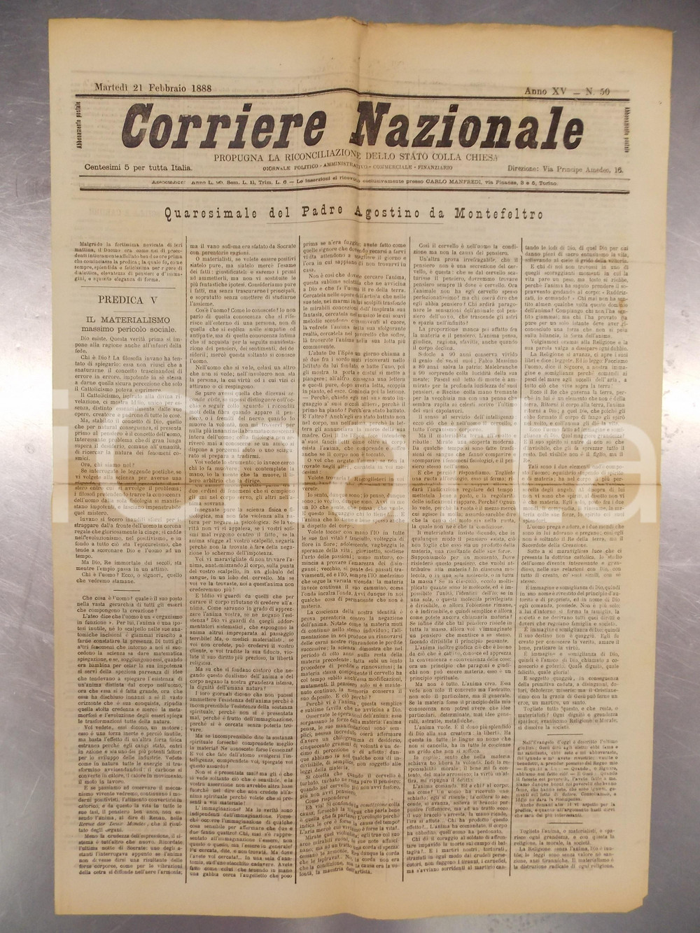Giornale, rivista storica 1888 CORRIERE NAZIONALE Padre Agostino da MONTEFELTRO predica sul materialismo 1