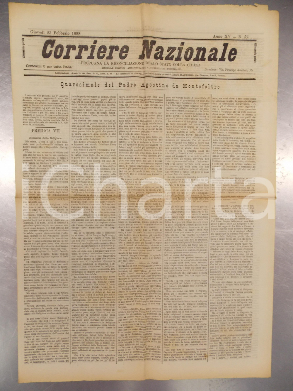 Giornale, rivista storica 1888 CORRIERE NAZIONALE Padre Agostino da MONTEFELTRO su necessità di religione 1