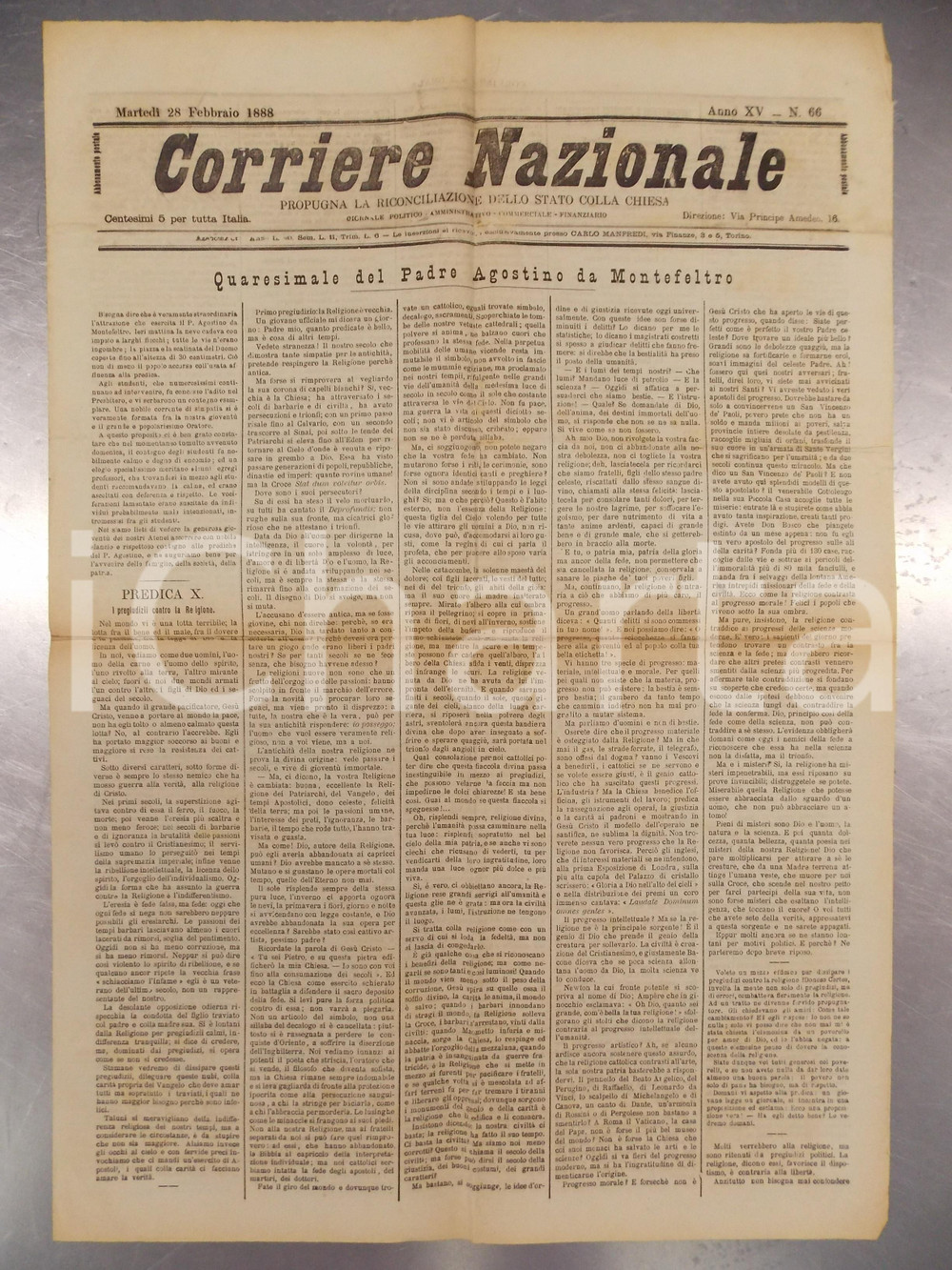Giornale, rivista storica 1888 CORRIERE NAZIONALE Padre Agostino da MONTEFELTRO vs pregiudizi religiosi 1