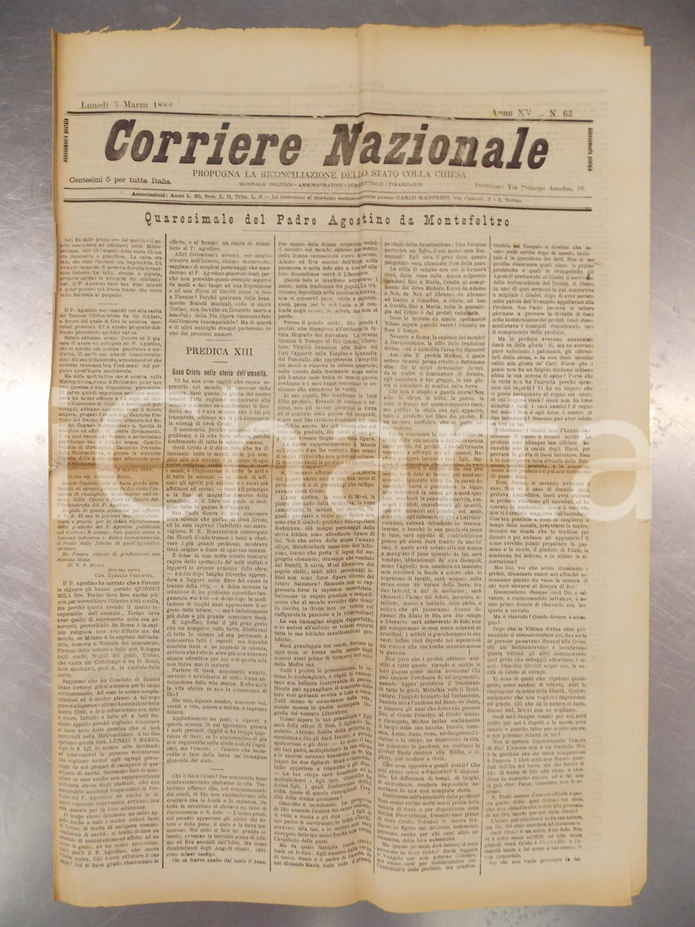 Giornale, rivista storica 1888 CORRIERE NAZIONALE Padre Agostino da MONTEFELTRO predica su Gesù Cristo 1
