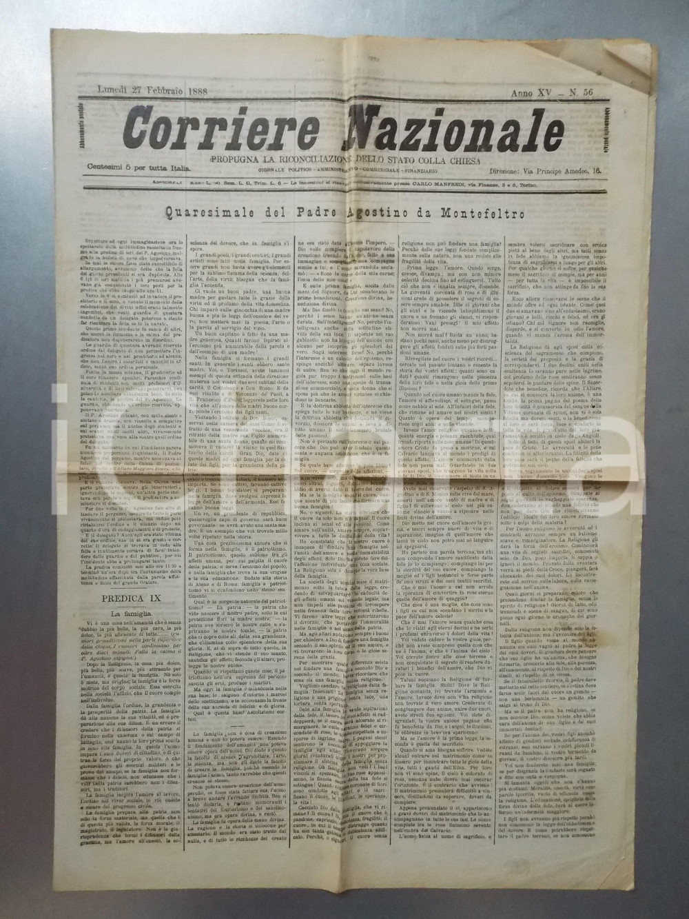 Giornale, rivista storica 1888 CORRIERE NAZIONALE Padre Agostino da MONTEFELTRO predica per la famiglia 1
