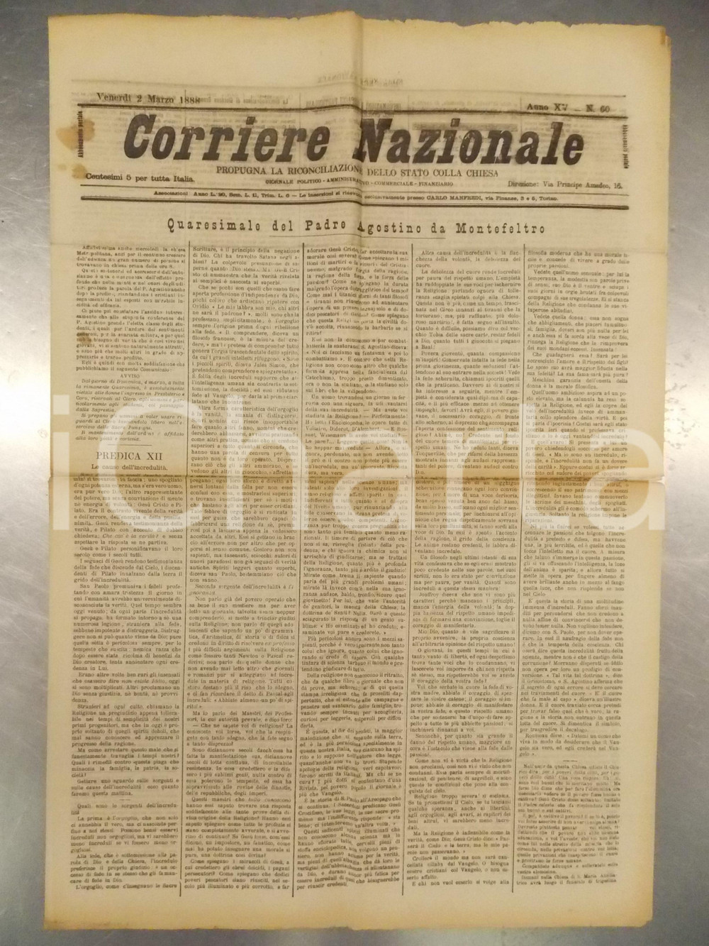 Giornale, rivista storica 1888 CORRIERE NAZIONALE Padre Agostino da MONTEFELTRO Cause dell incredulità 1