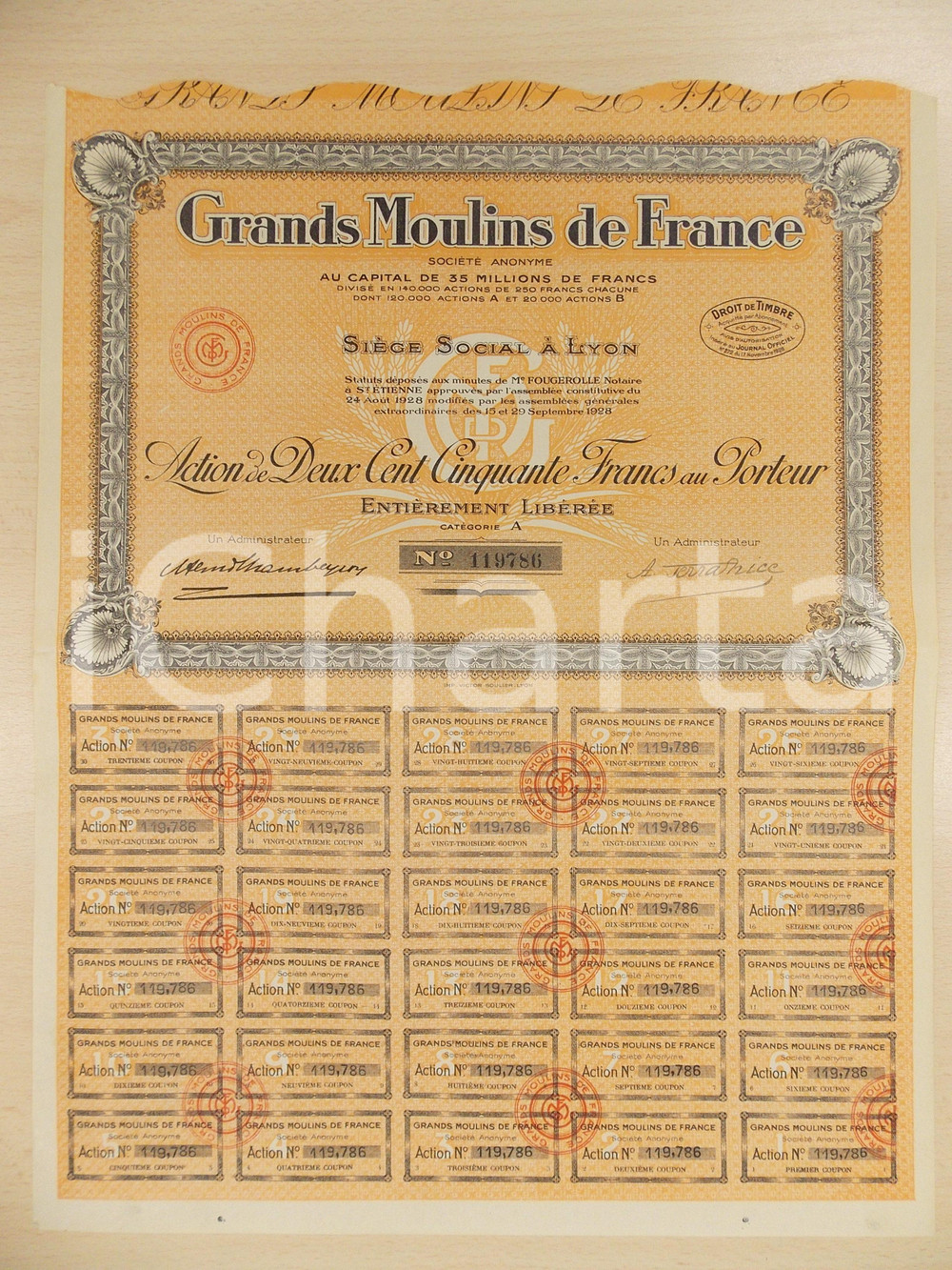 Oggetto da collezione cartaceo 1928 PARIS Grands Moulins de FRANCE Certificato azionario al portatore 1