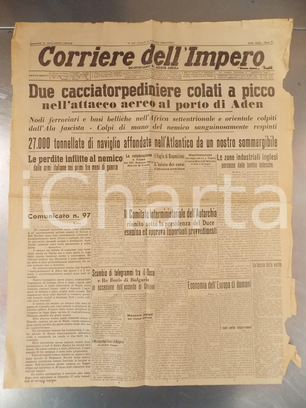 Documento originale, autentico 1940 CORRIERE DELL IMPERO Cacciatorpediniere affondate nel porto di ADEN 1