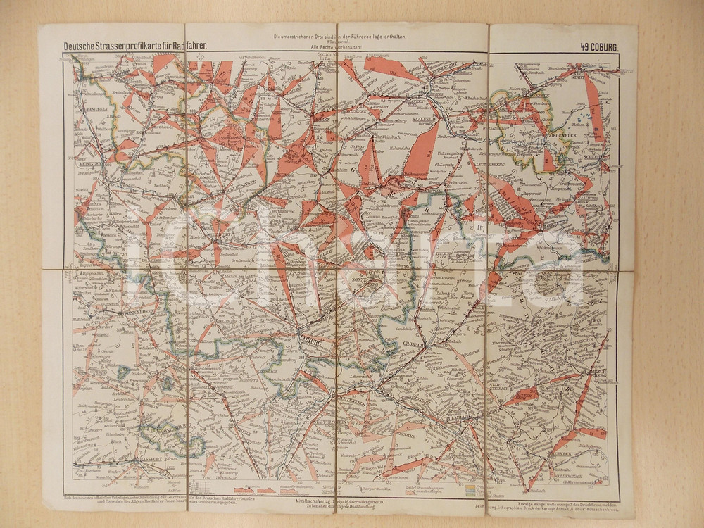 Mappa, planimetria storica 1940 ca COBURG DE Mappa stradale per percorsi in bicicletta CON PUBBLICITA 1