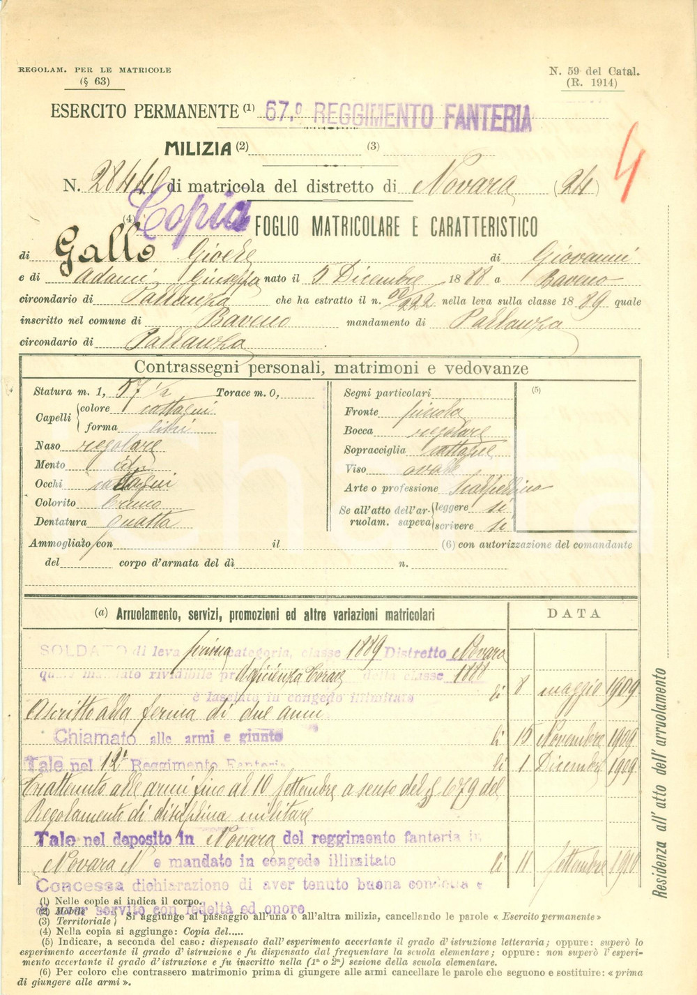 Documento originale, autentico 1916 BAVENO VB WW1 67Â° Reggimento Fanteria Gioele GALLO Foglio matricolare 1