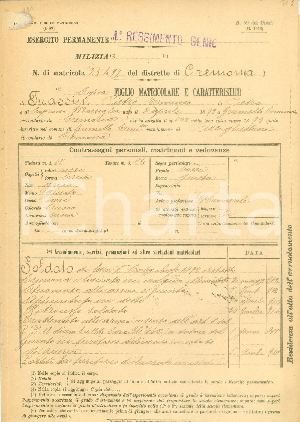 Documento originale, autentico 1917 GRUNELLO CREMONESE WW1 Soldato Pietro Erminio FRASSINI Foglio matricolare 1