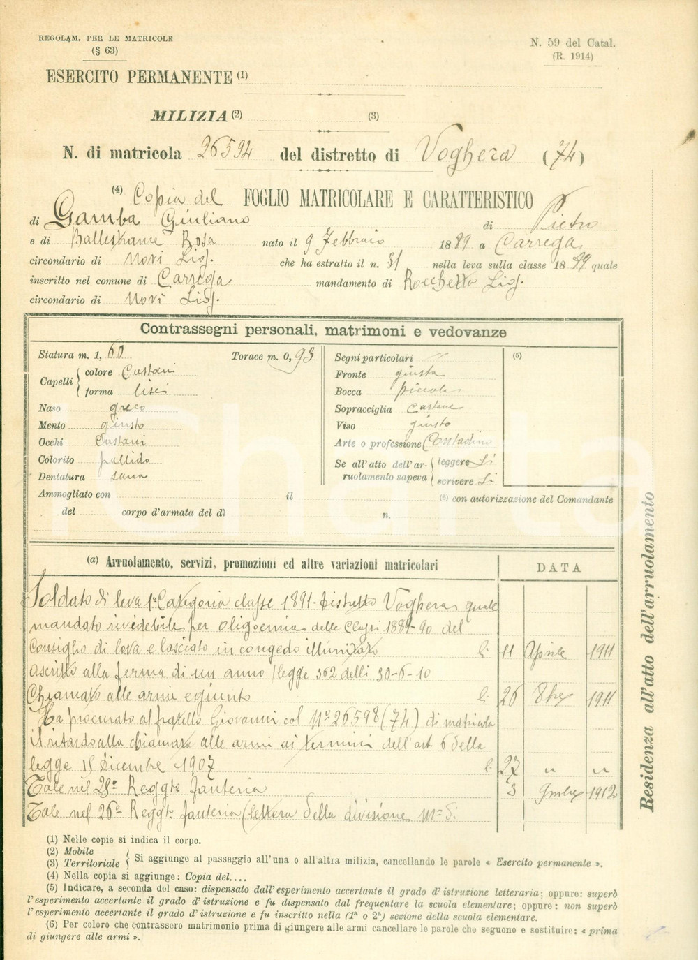 Documento originale, autentico 1915 CARREGA LIGURE WW1 Soldato Giuliano GAMBA Foglio matricolare 1
