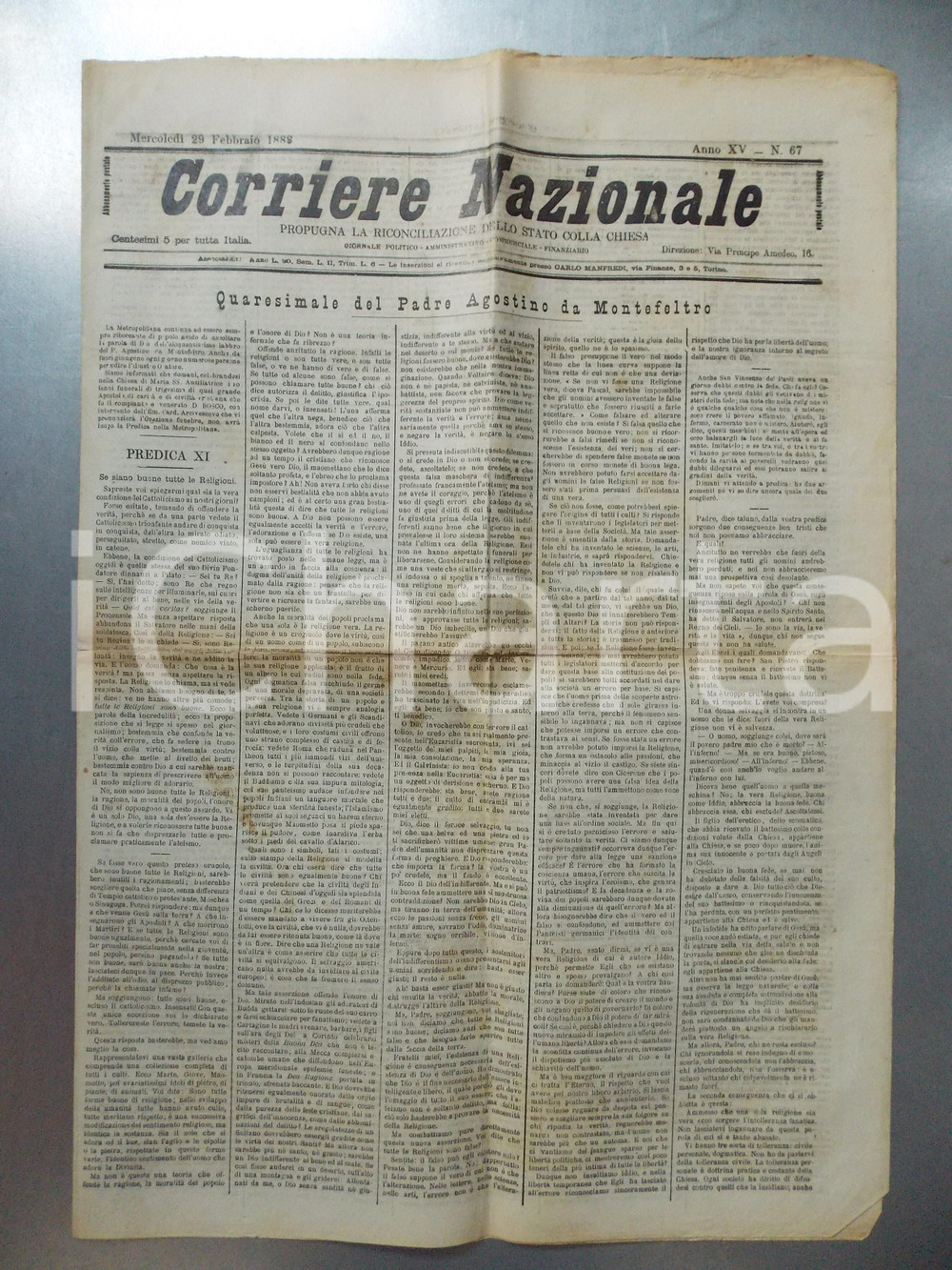 Giornale, rivista storica 1888 CORRIERE NAZIONALE Padre Agostino da MONTEFELTRO sulle altre religioni 1