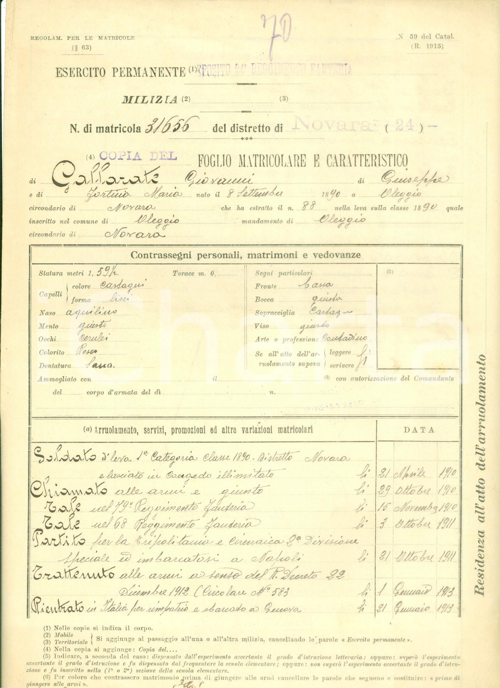 Documento originale, autentico 1915 OLEGGIO WW1 24Â° Reggimento Fanteria Giovanni GALLARATE Foglio matricolare 1