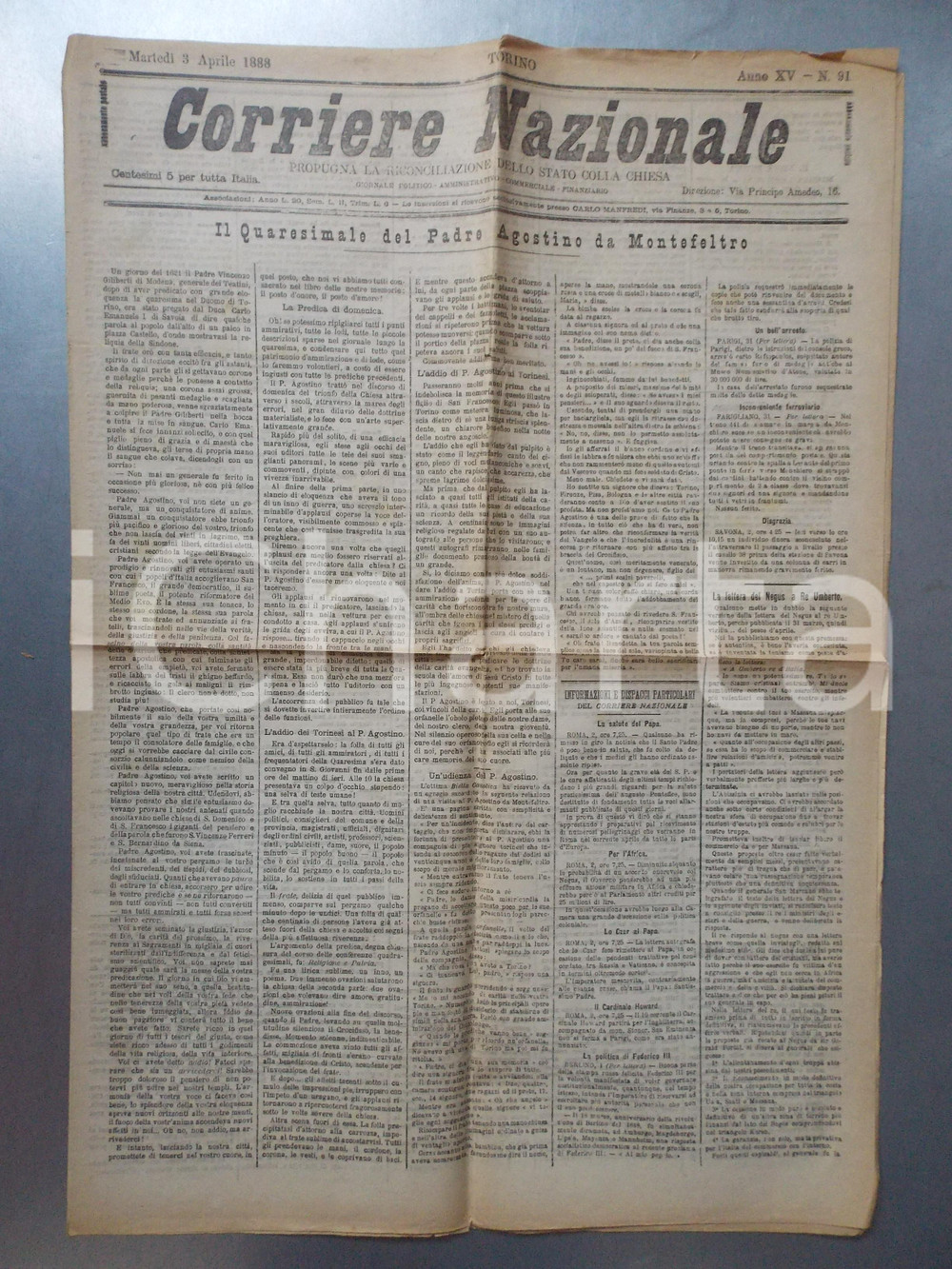 Giornale, rivista storica 1888 CORRIERE NAZIONALE Padre Agostino da MONTEFELTRO lascia TORINO 1