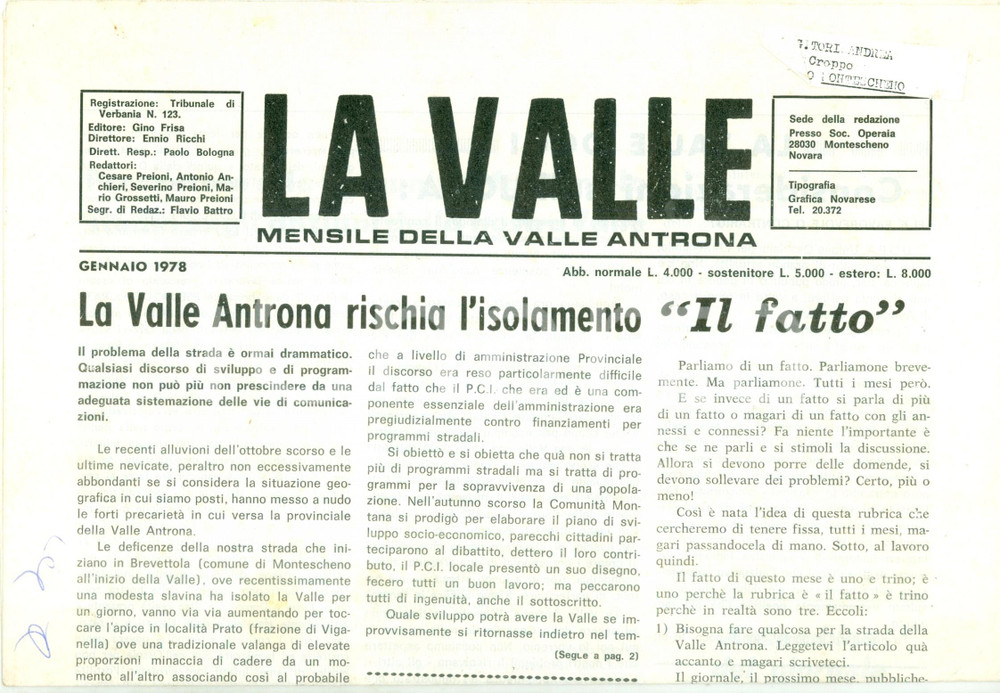 Giornale, rivista storica 1978 Mensile LA VALLE Valle Antrona rischia l isolamento per alluvioni 1