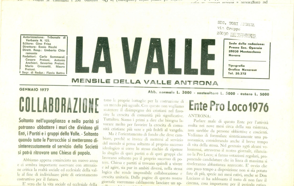 Giornale, rivista storica 1977 Mensile LA VALLE Parrocchie della Valle Antrona al servizio della comunità 1