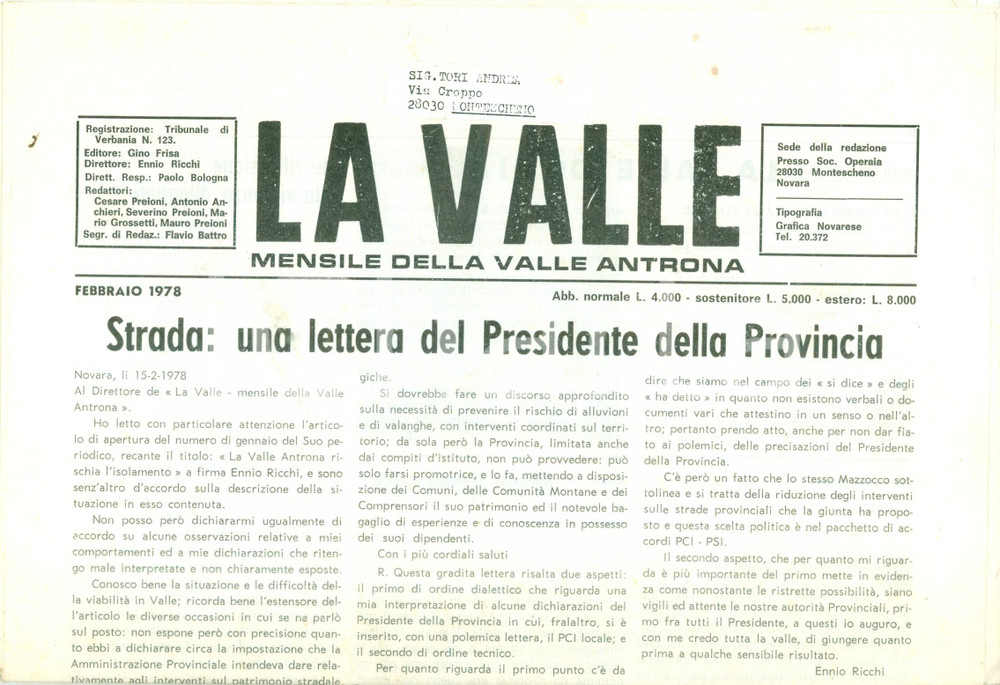 Giornale, rivista storica 1978 Mensile LA VALLE Valle Antrona Provincia in difficoltÃ  con le alluvioni 1