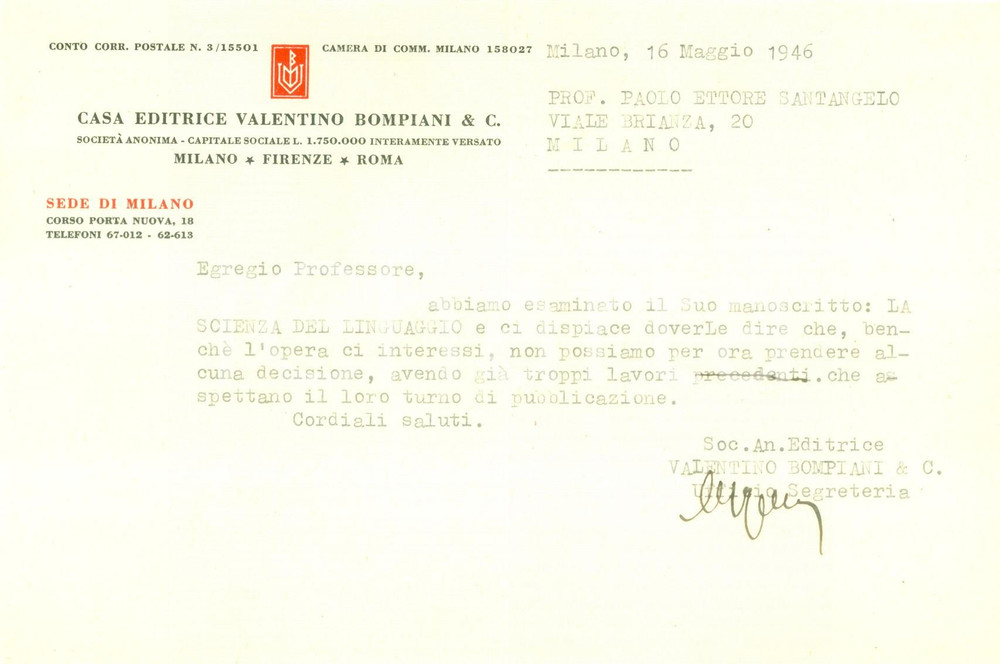 Documento originale, autentico 1946 MILANO Casa Editrice BOMPIANI rifiuta un manoscritto Documento 1