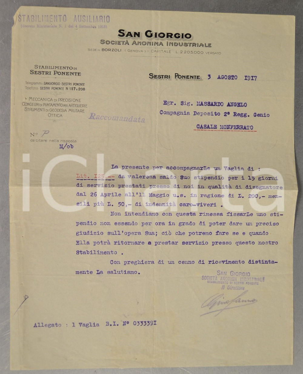 Documento originale, autentico 1917 GENOVA SESTRI PONENTE SocietÃ  Anonima Industriale SAN GIORGIO invia vaglia 1