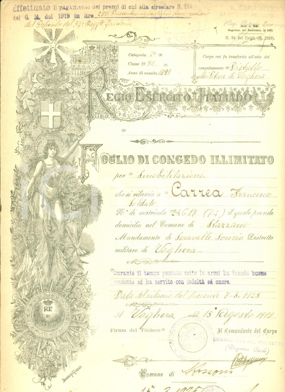 Documento originale, autentico 1925 STAZZANO AL Congedo illimitato soldato Francesco CARREA Documento 1
