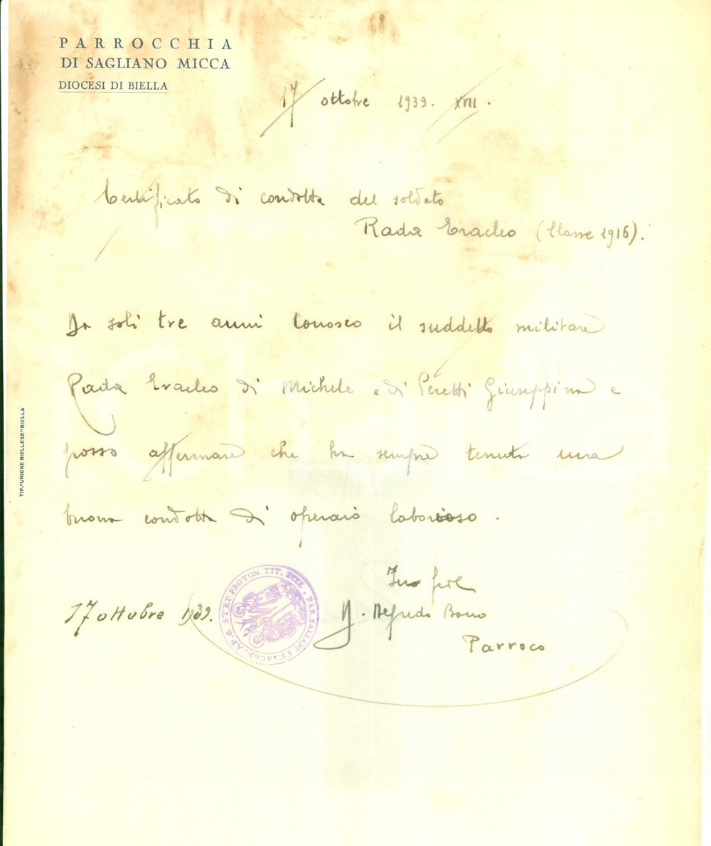 Documento originale, autentico 1939 SAGLIANO MICCA BI Parroco Alfredo BONO garantisce per Eracleo RADA 1