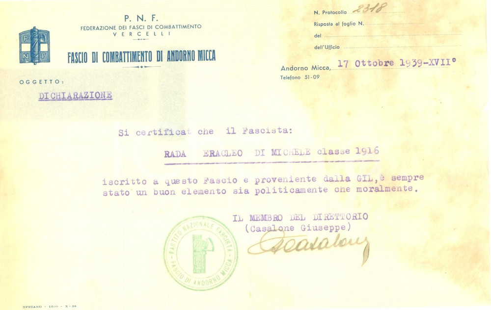 Documento originale, autentico 1939 ANDORNO MICCA BI Eracleo RADA iscritto al Fascio di Combattimento 1