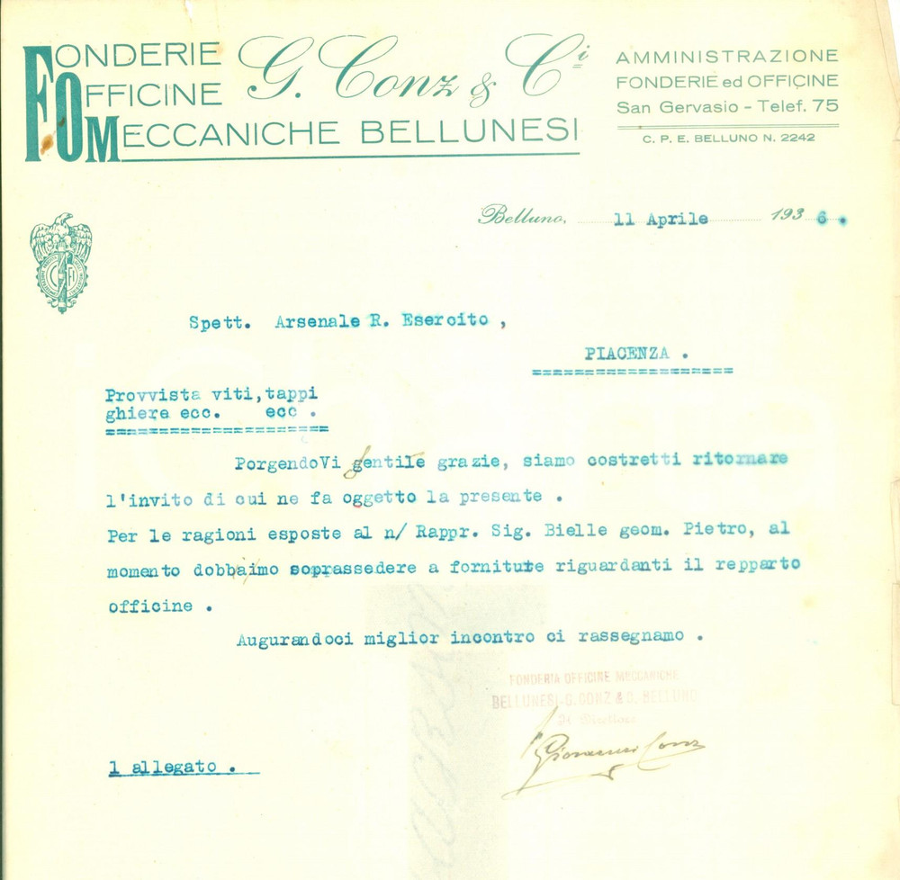 Documento originale, autentico 1936 BELLUNO Fonderie Officine Meccaniche Bellunesi CONZ & C.i Documento 1