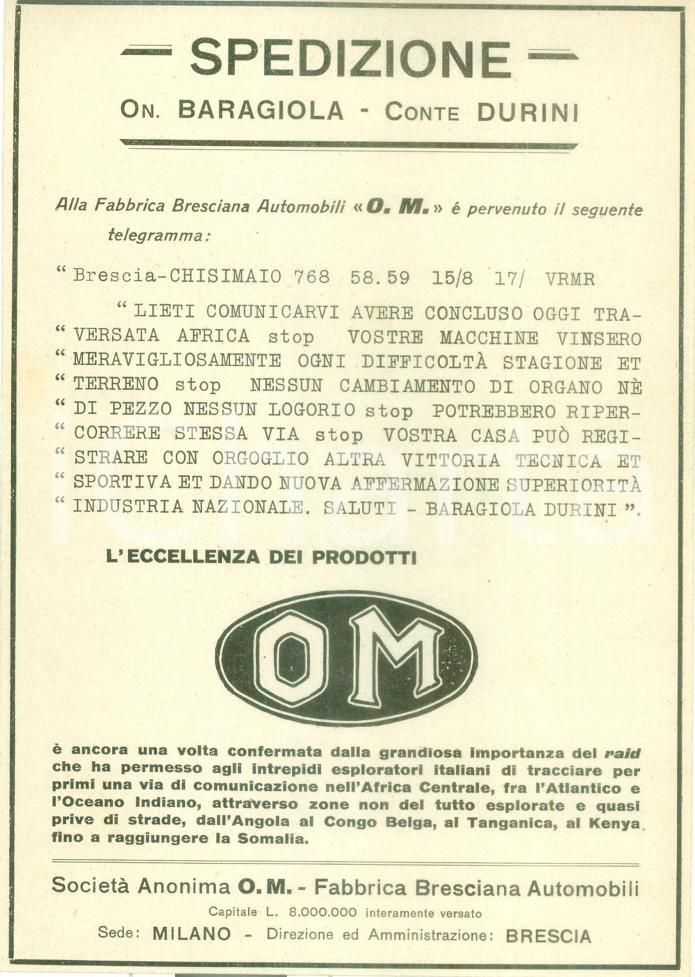 Documento originale, autentico 1940 ca MILANO Fabbrica Bresciana Automobili OM conquista anche CHISIMAIO AOI 1