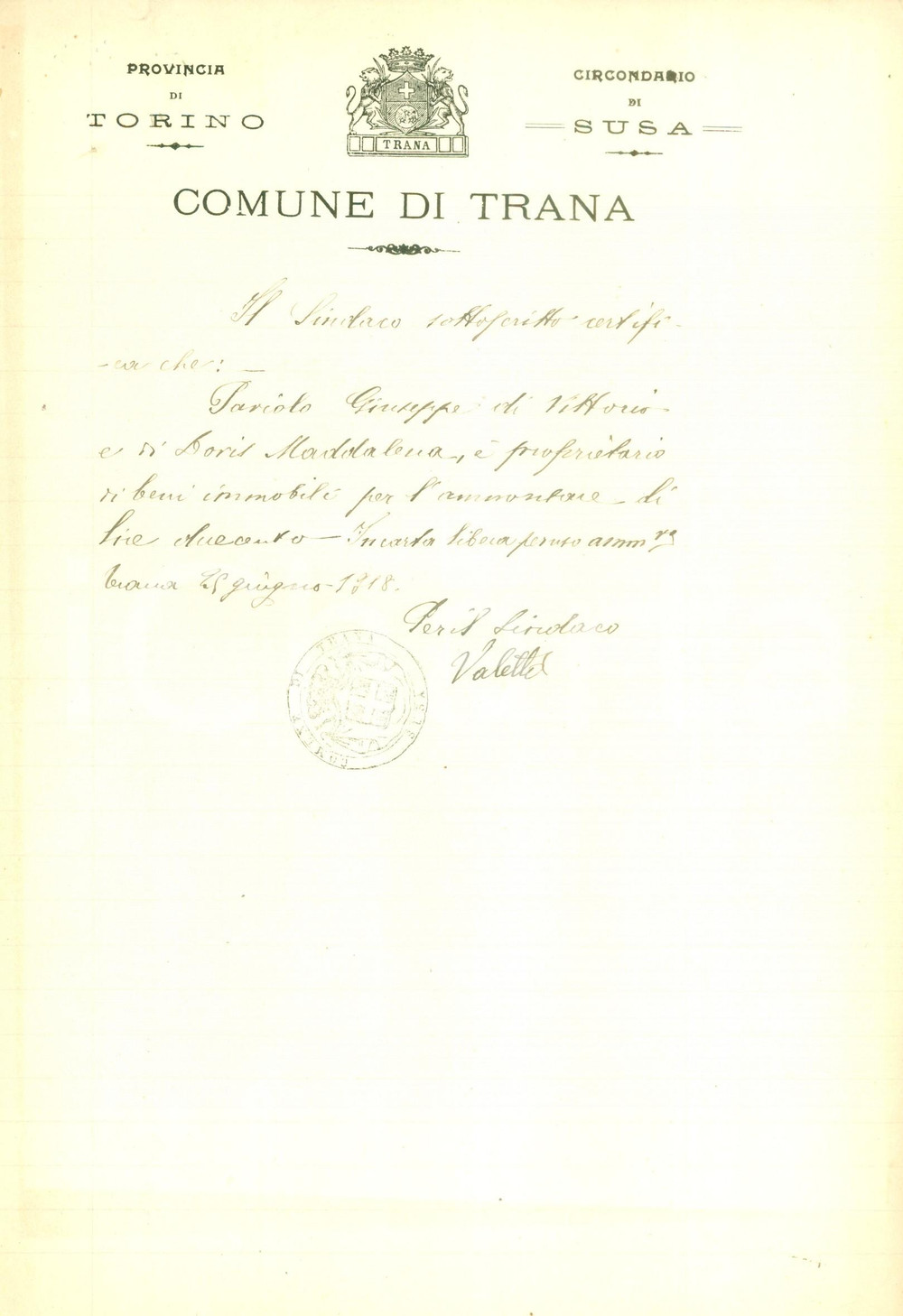 Documento originale, autentico 1918 TRANA TO Giuseppe PARIOLO proprietario di beni immobili Documento 1