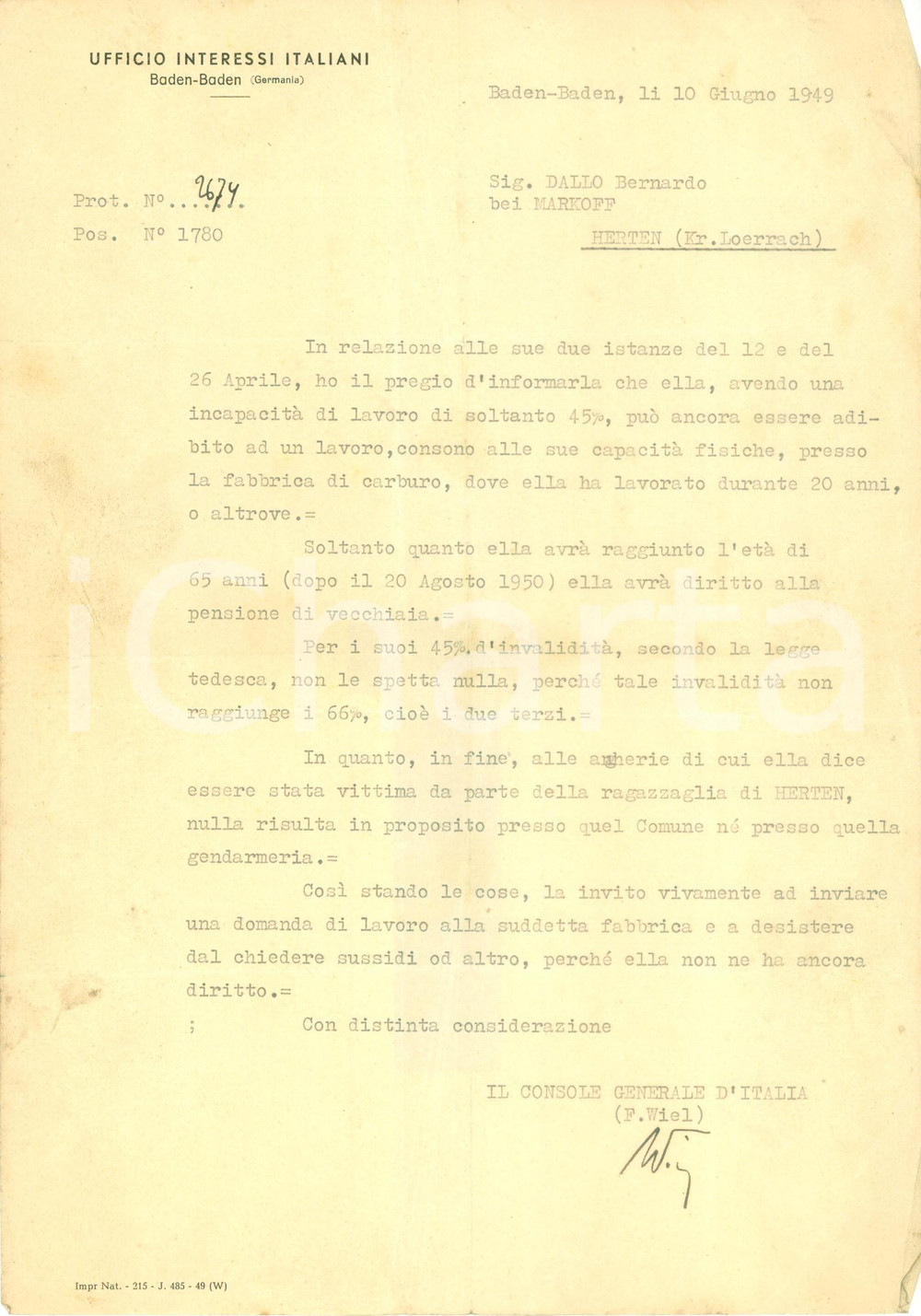 Documento originale, autentico 1949 BADENBADEN GERMANIA Bernardo DALLO non ha diritto a sussidi Documento 1