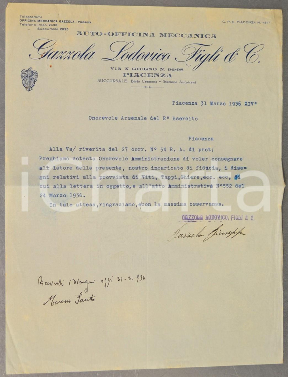 Documento originale, autentico 1936 PIACENZA Autoofficina meccanica Lodovico GAZZOLA & Figli Documento 1