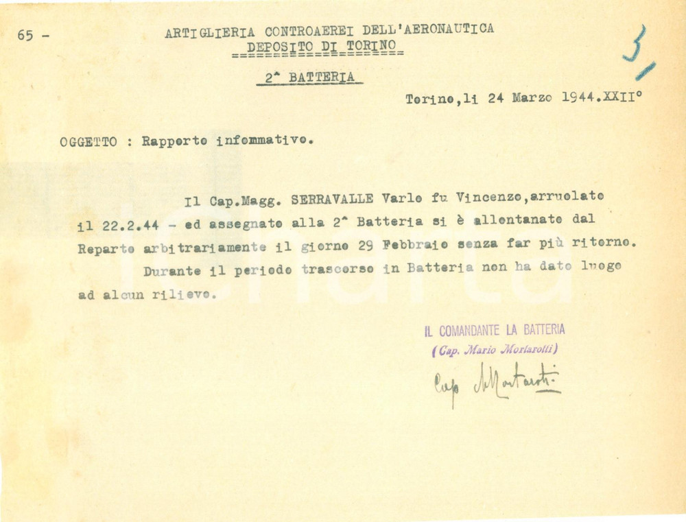 Documento originale, autentico 1944 TORINO RSI Artiglieria Controaerei Varlo SERRAVALLE assente arbitrario 1