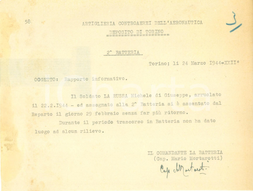 Documento originale, autentico 1944 TORINO RSI Artiglieria Controaerei Michele LA RUSSA assente arbitrario 1