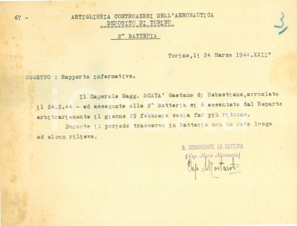 Documento originale, autentico 1944 TORINO RSI Artiglieria Controaerei Gaetano SCATA  assente arbitrario 1