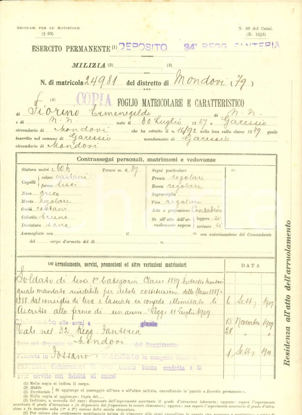 1915 GARESSIO WW1 34° Reggimento Fanteria Ermenegidlo FIORINO Foglio matricolare
