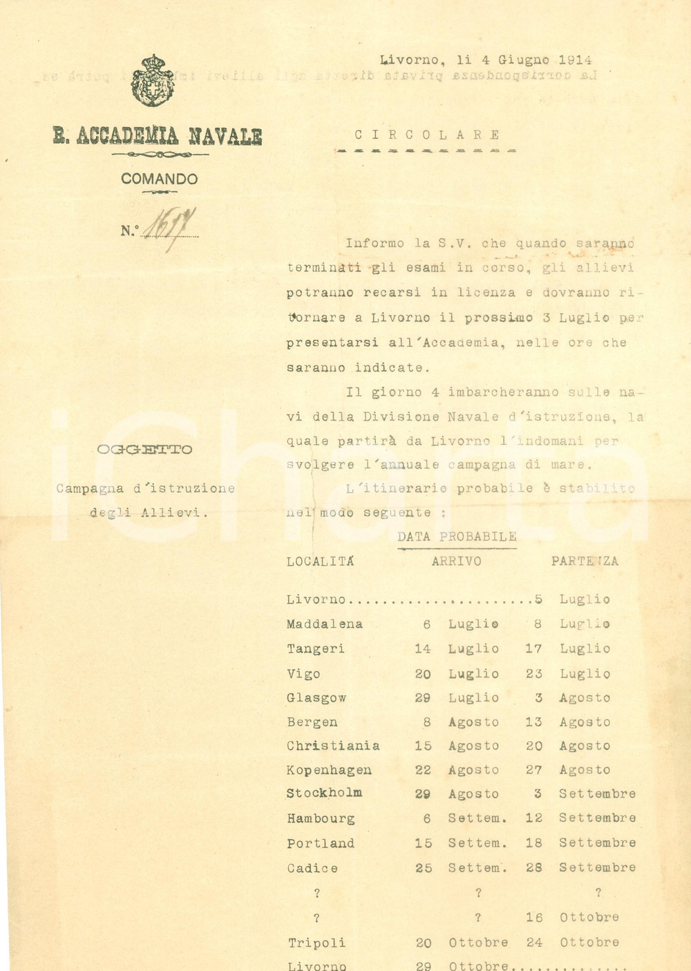 Documento originale, autentico 1914 LIVORNO Regia Accademia Navale Itinerario campagna d istruzione Documento 1