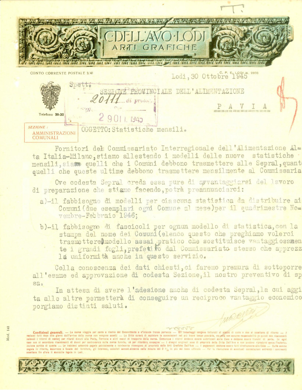 Documento originale, autentico 1945 LODI Arti Grafiche DELL AVO prepara mouli per statistiche alimentazione 1