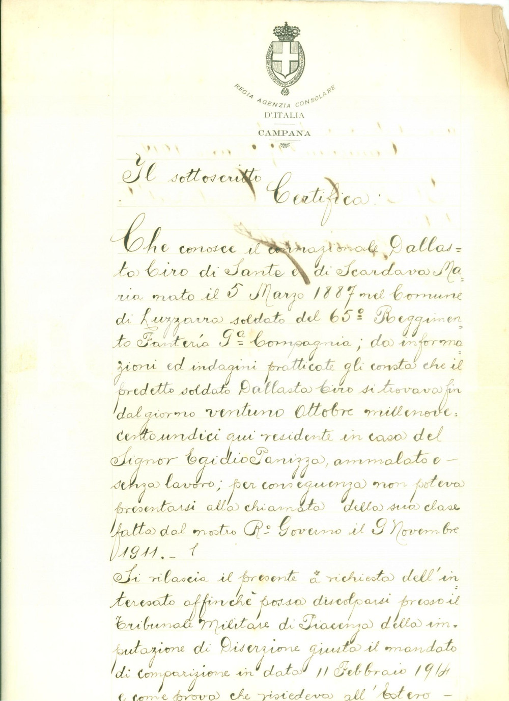 Documento originale, autentico 1914 CAMPANA CS Ciro DALLASTA non si presenta alla chiamata perchÃ© malato 1