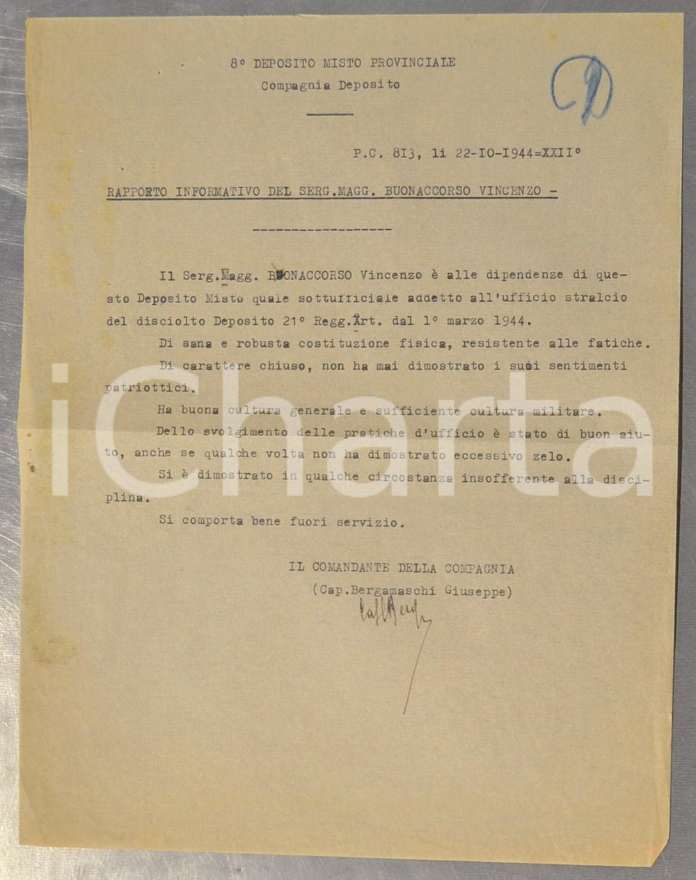 Documento originale, autentico 1944 PIACENZA RSI Sergente Vincenzo BUONACCORSO dimostra poco patriottismo 1